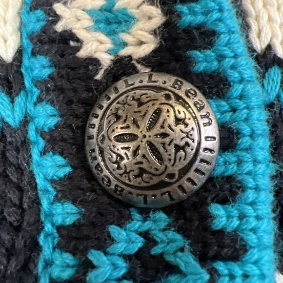 L.L. Bean Nordic Sweater Black Teal Cardigan Button Up Medium Cotton VTG Cabin - Picture 5 of 10